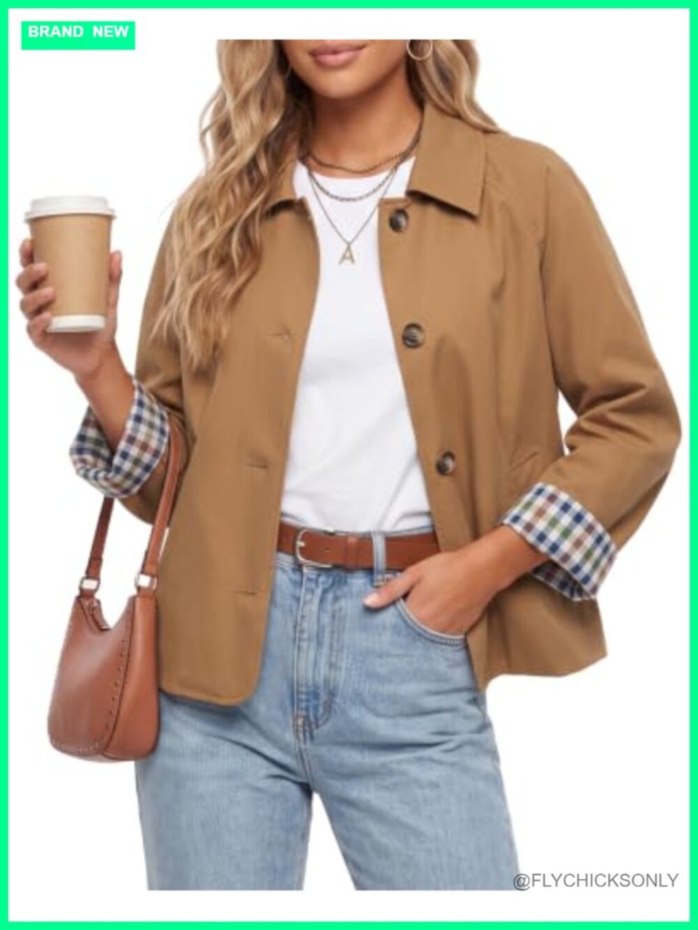 Womens Cropped Trench Coat Plaid Lining Button Down Casual Jacket